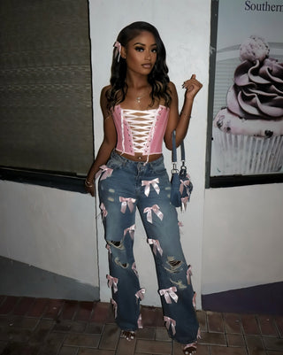 FIONA Ribbon Washed Ripped Denim Jeans-Meeba &amp; Mae