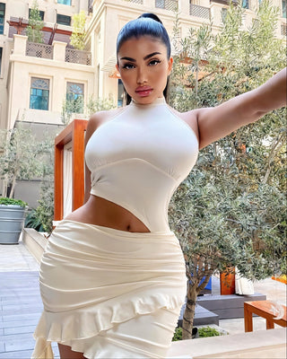 LUXEN High Neckline Draped Ruffle Mini Dress-Meeba &amp; Mae