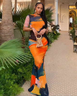 CAIA Round Neck Short Sleeve Printed Maxi Dress-Meeba &amp; Mae