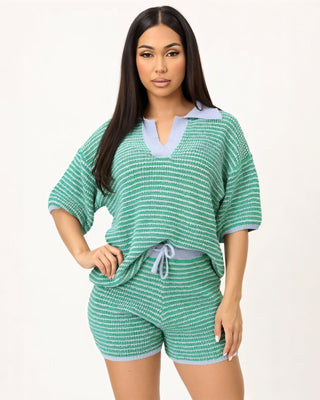 OLENNA Striped Knit Oversized Top & Drawstring Short Set-Meeba &amp; Mae