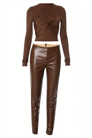 ZINNIA Front Twist Long Sleeve Top And Leather Pants-Meeba &amp; Mae